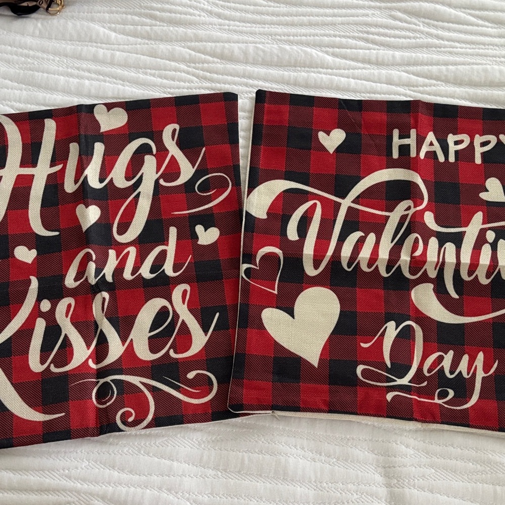 Plaid Valentine's Day Pillow Covers Set of 2 Square 17.5 x 17.5 inches Like New